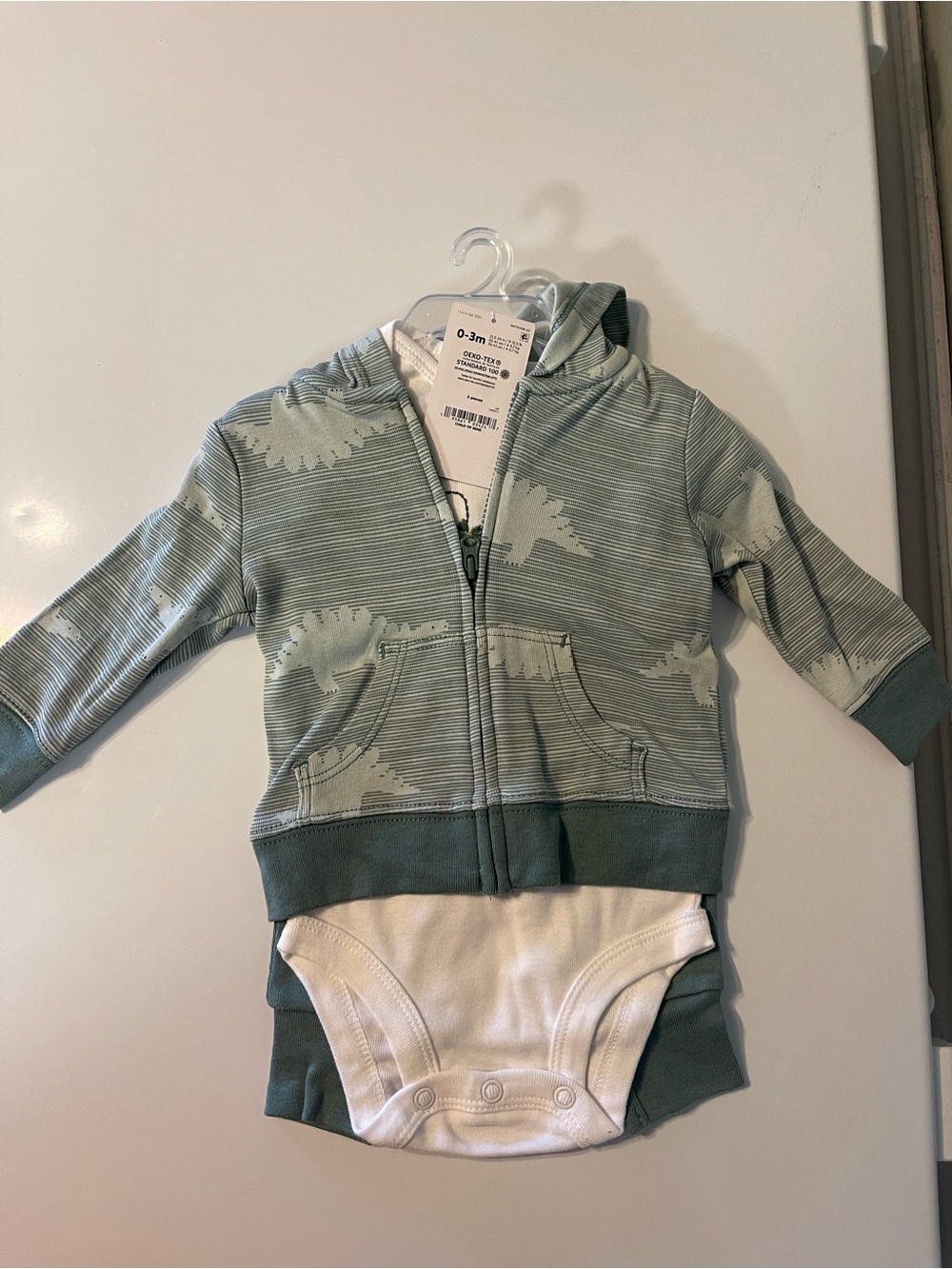 NWT- Green Striped Dinosaur Zip Hooded One-Piece for Kids